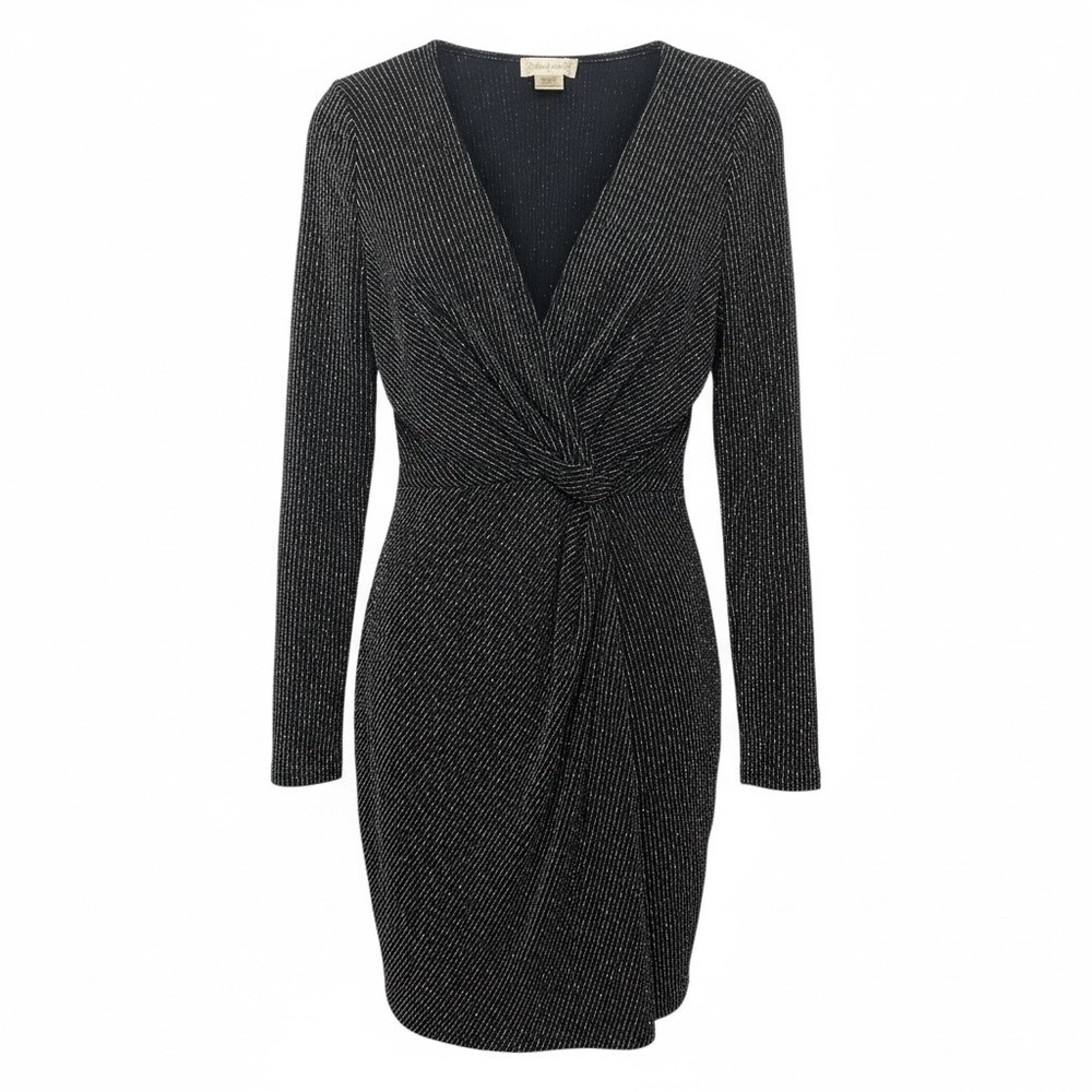 Altar’d State Faux Wrap Black Dress with Silver and Gold Lurex Stripes